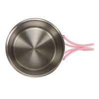 Stainless steel interior base of pink coffee mug with pink handle loops