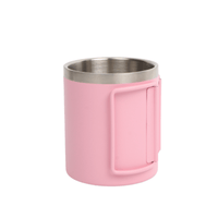Pink stainless steel coffee mug with flip lid and side carrying handle