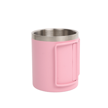 Pink stainless steel coffee mug with flip lid and side carrying handle