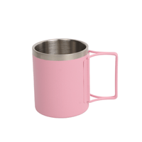 Pink stainless steel coffee mug with square handle and flip lid