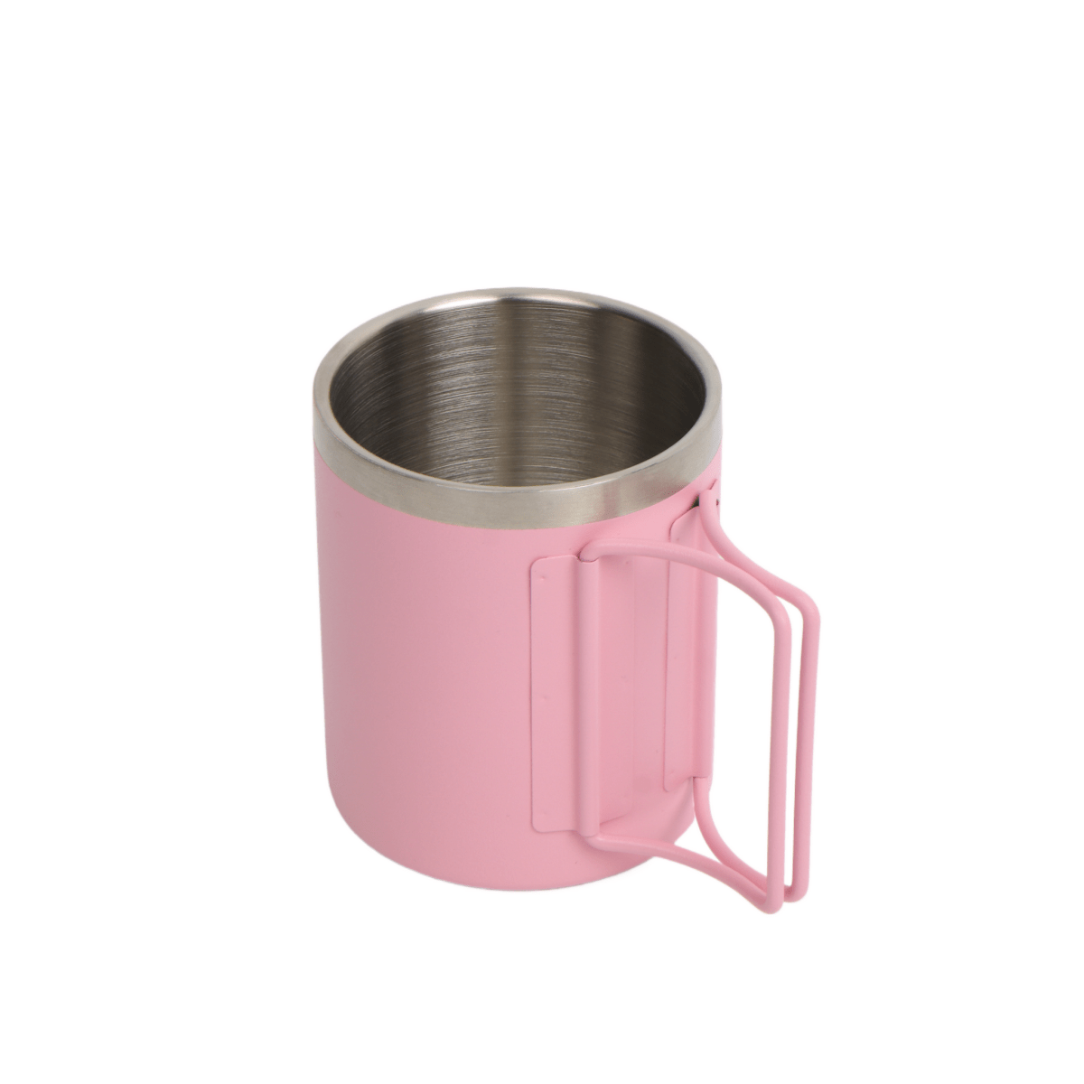 Pink stainless steel coffee mug with flip lid and attached handle loop