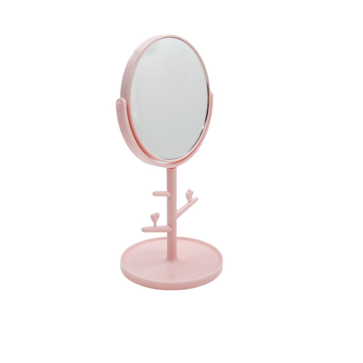 Pink oval tabletop mirror on pedestal with crossbar jewelry stand