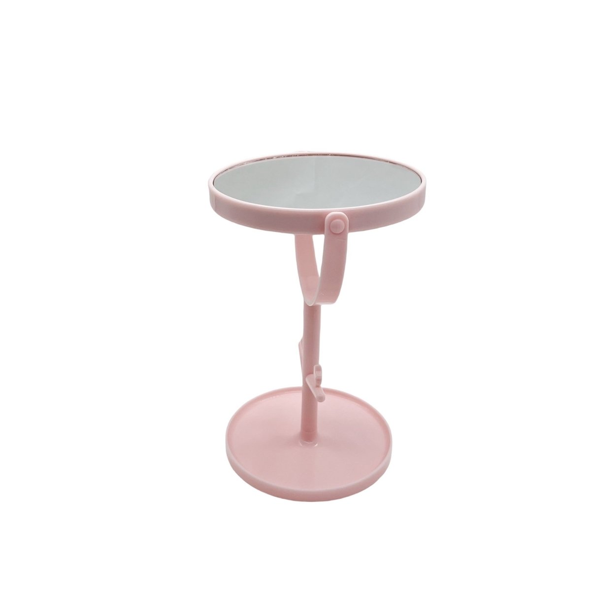 Pink tabletop mirror with round base and angled mirror face
