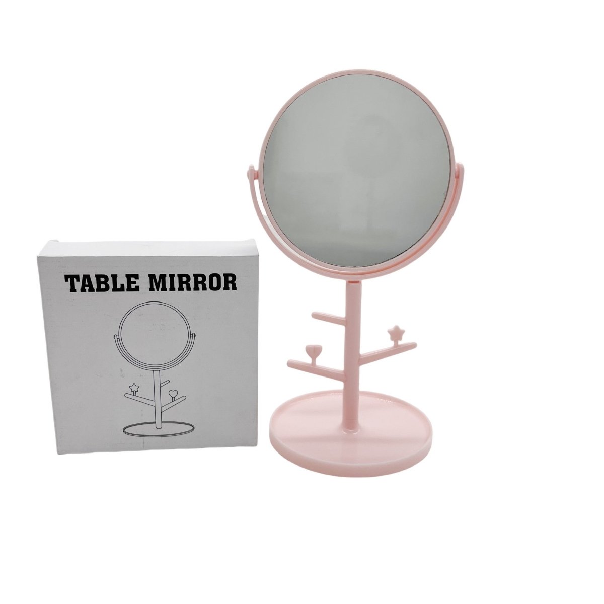 Pink tabletop mirror with jewelry stand bar and small hooks on base