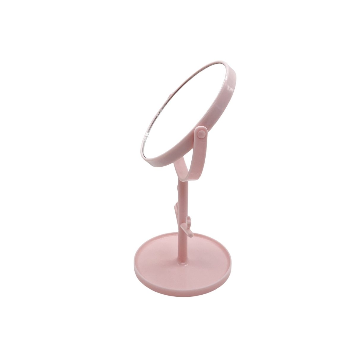 Pink tabletop mirror with round frame on pedestal stand