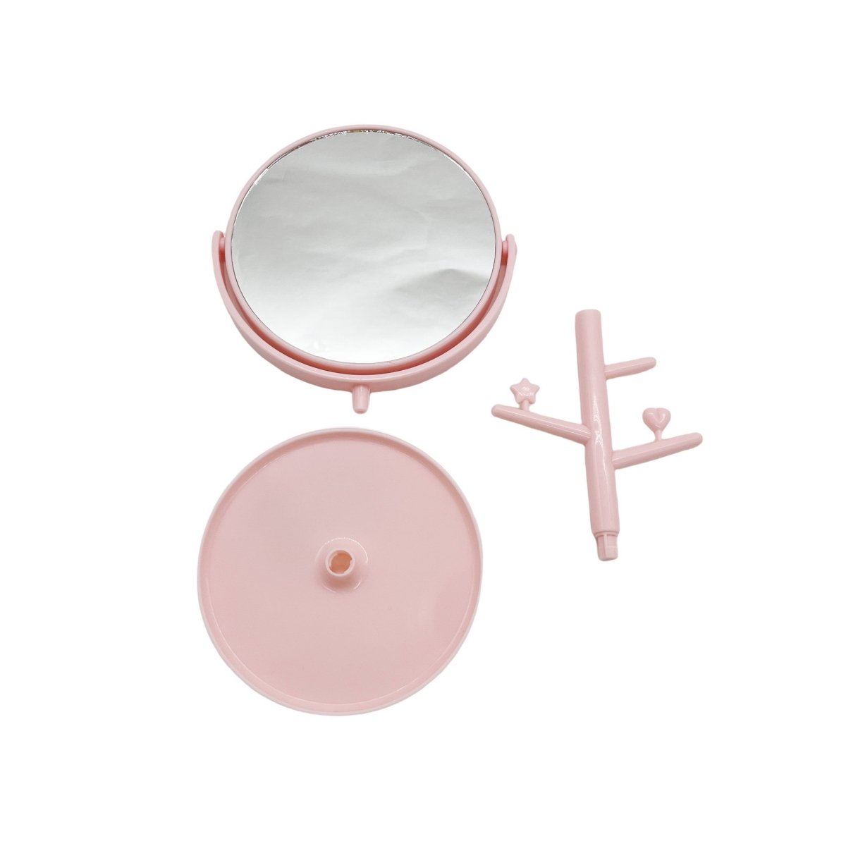 Pink tabletop mirror and jewelry stand hooks with round base disc