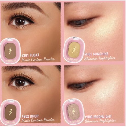 Contour & highlighter powder shades on face, with matte contour and shimmer highlight