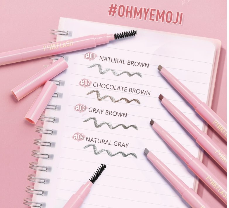 Dual-ended eyebrow pencils with spoolie tips and multiple brown shades on card