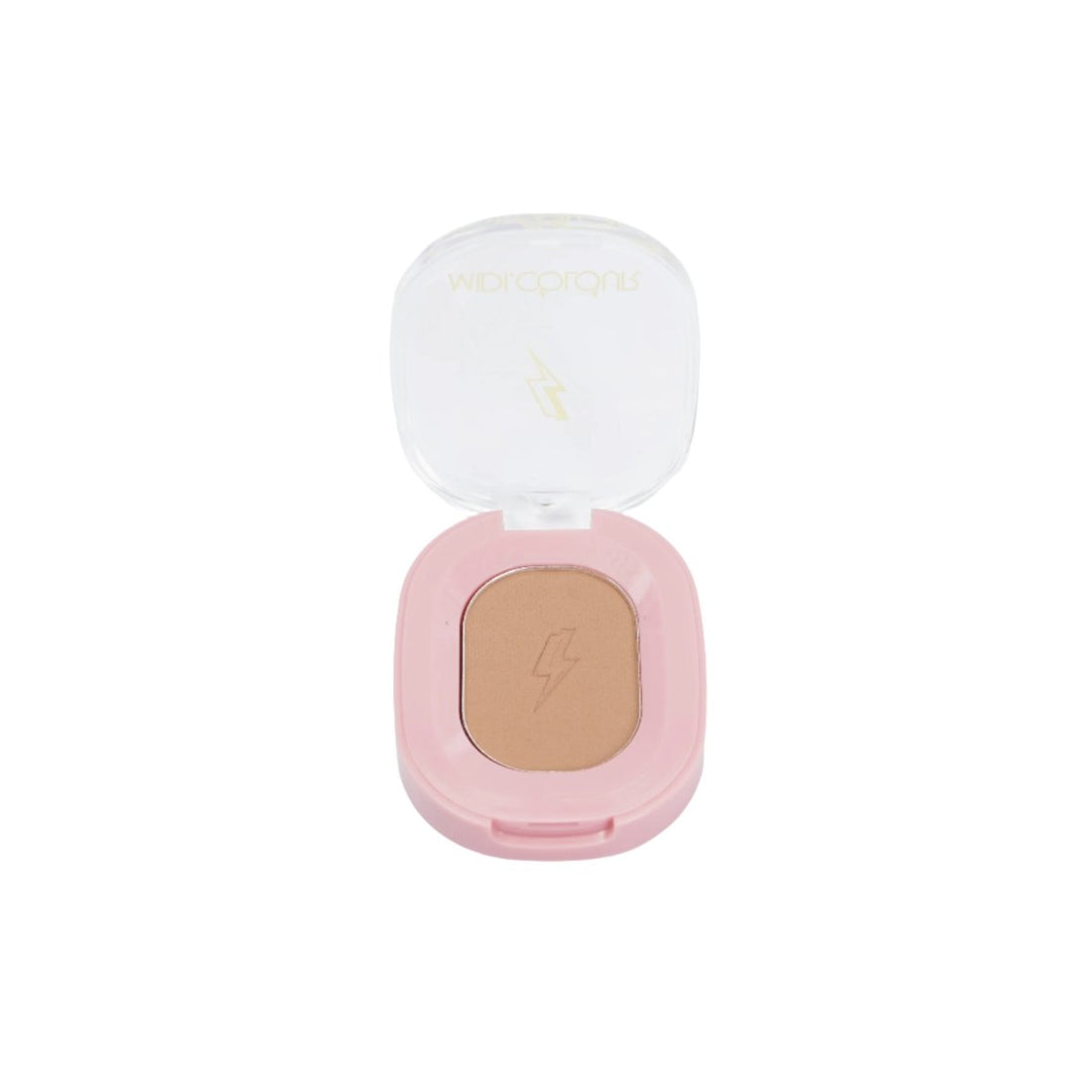 Eyeshadow compact with open round pan, tan-brown matte powder inside