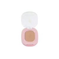 Eyeshadow compact with open round pan, tan-brown matte powder inside