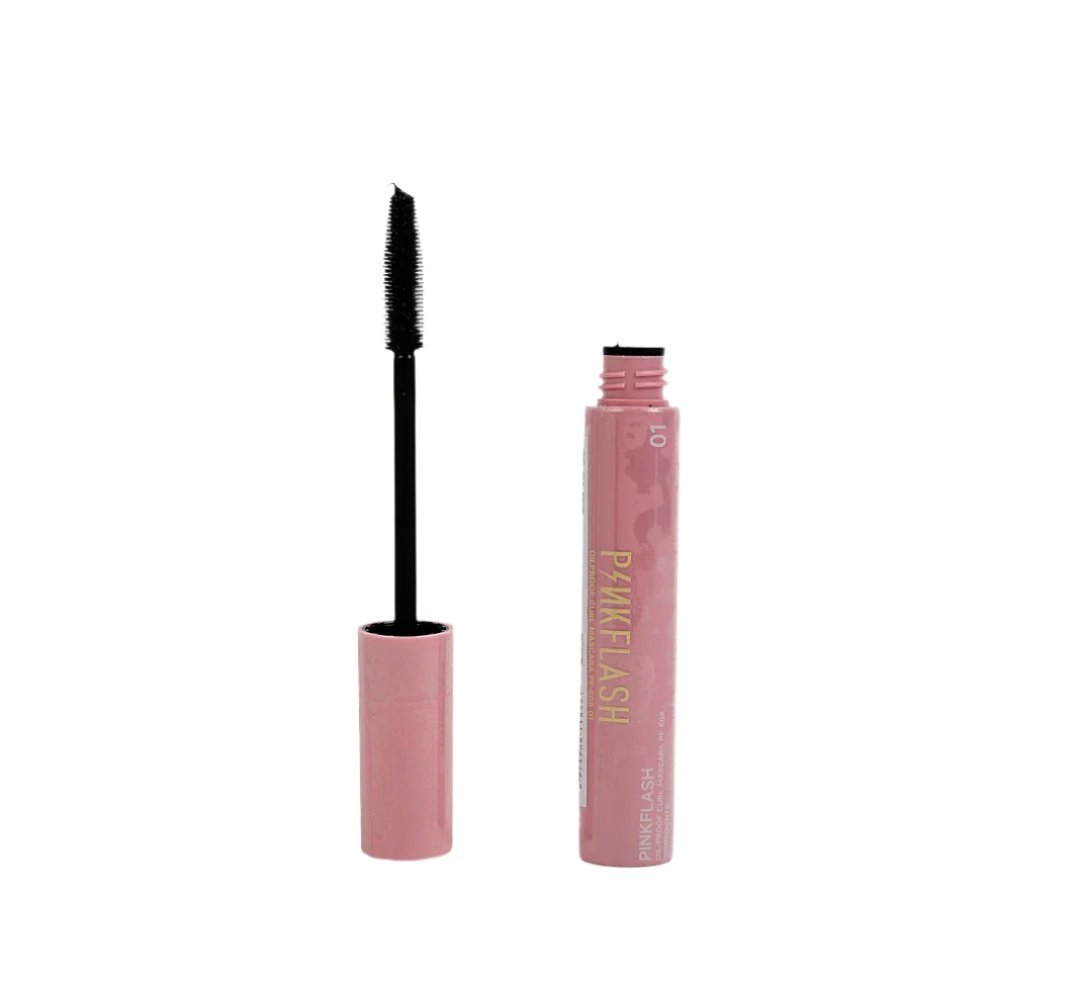 Pinkflash voluminous mascara with black wand and pink cylindrical tube