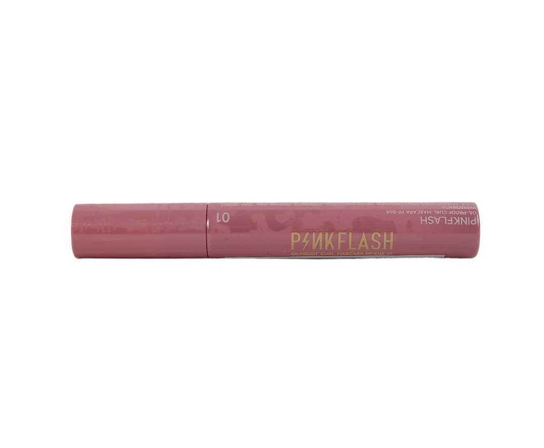 Pinkflash mascara tube in dusty pink with printed label, shown horizontally