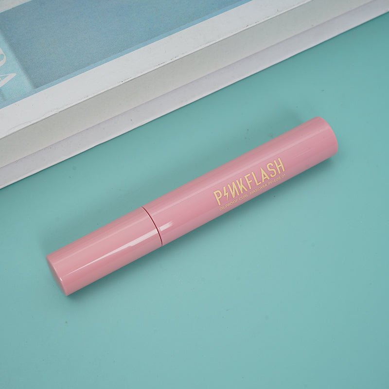 Pinkflash mascara tube in dusty pink with gold-toned brand lettering