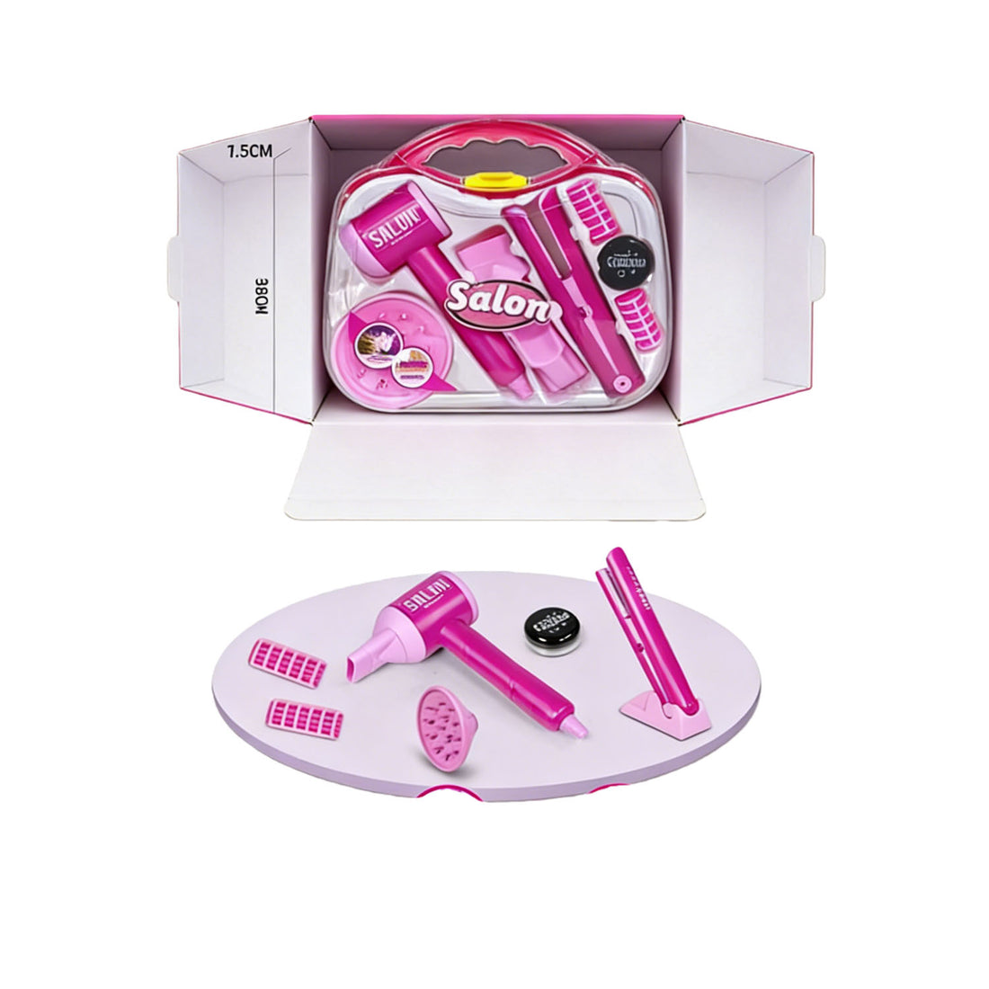 Boxed pink hair styling toy set with carrying case, dryer and straightener pieces.