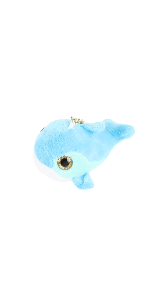 Blue plush dolphin with embroidered eyes and small gold-tone charm at the head.