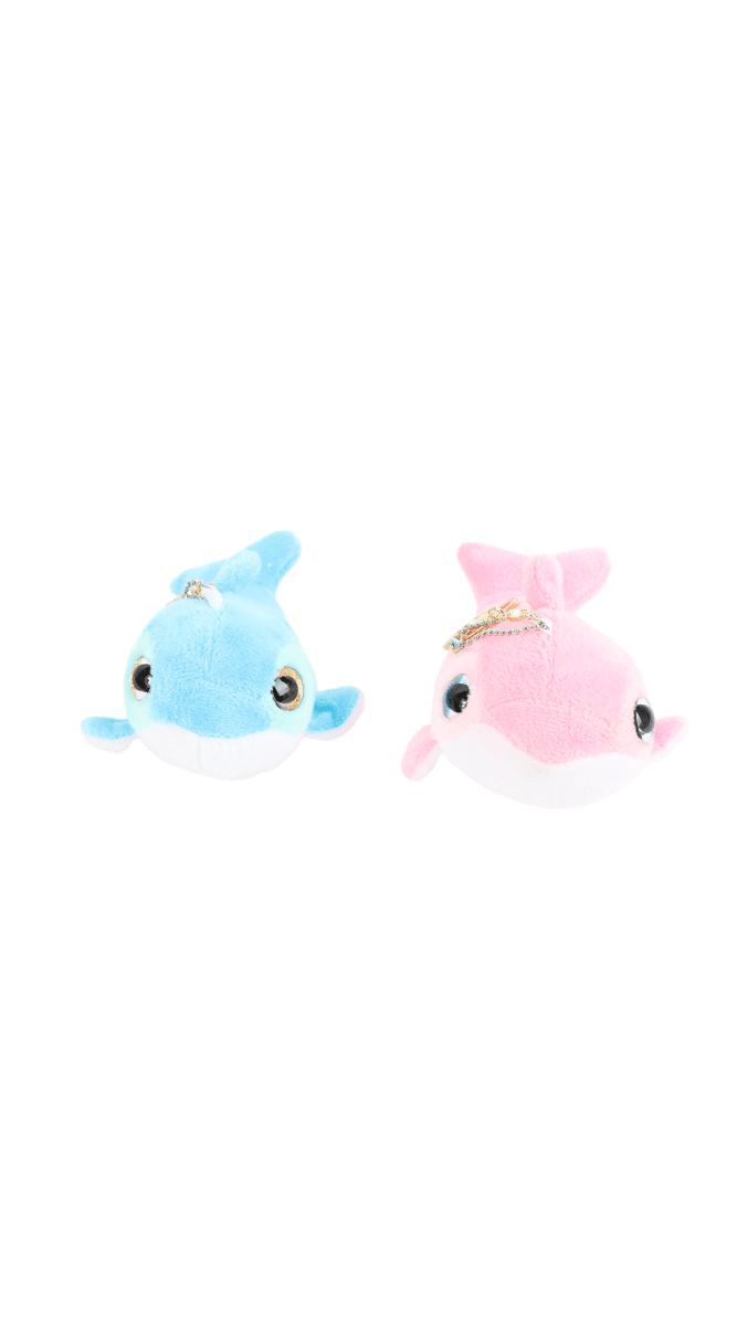 Plush dolphin plush toy in blue and pink, with embroidered eyes and charm necklace.