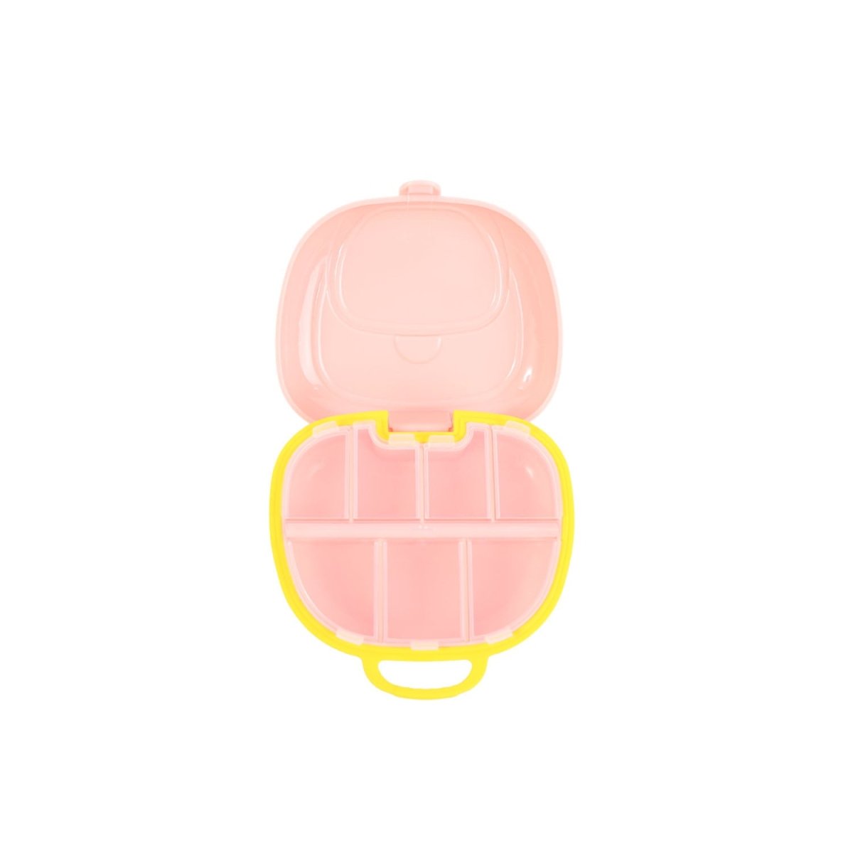Portable 7-compartment pill box, pink open with divided sections and carry handle