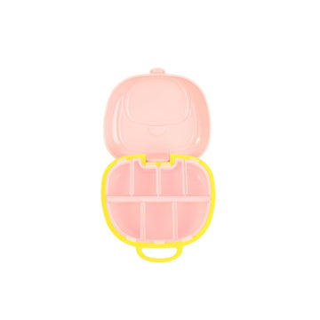 Portable 7-compartment pill box, pink open with divided sections and carry handle