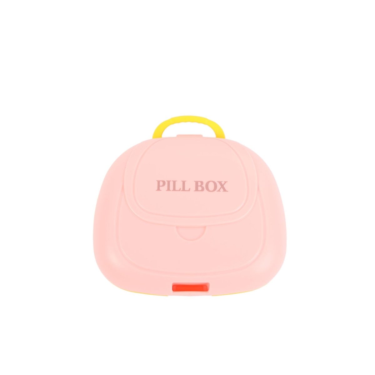 Portable 7-compartment pill box, pink closed with carry handle