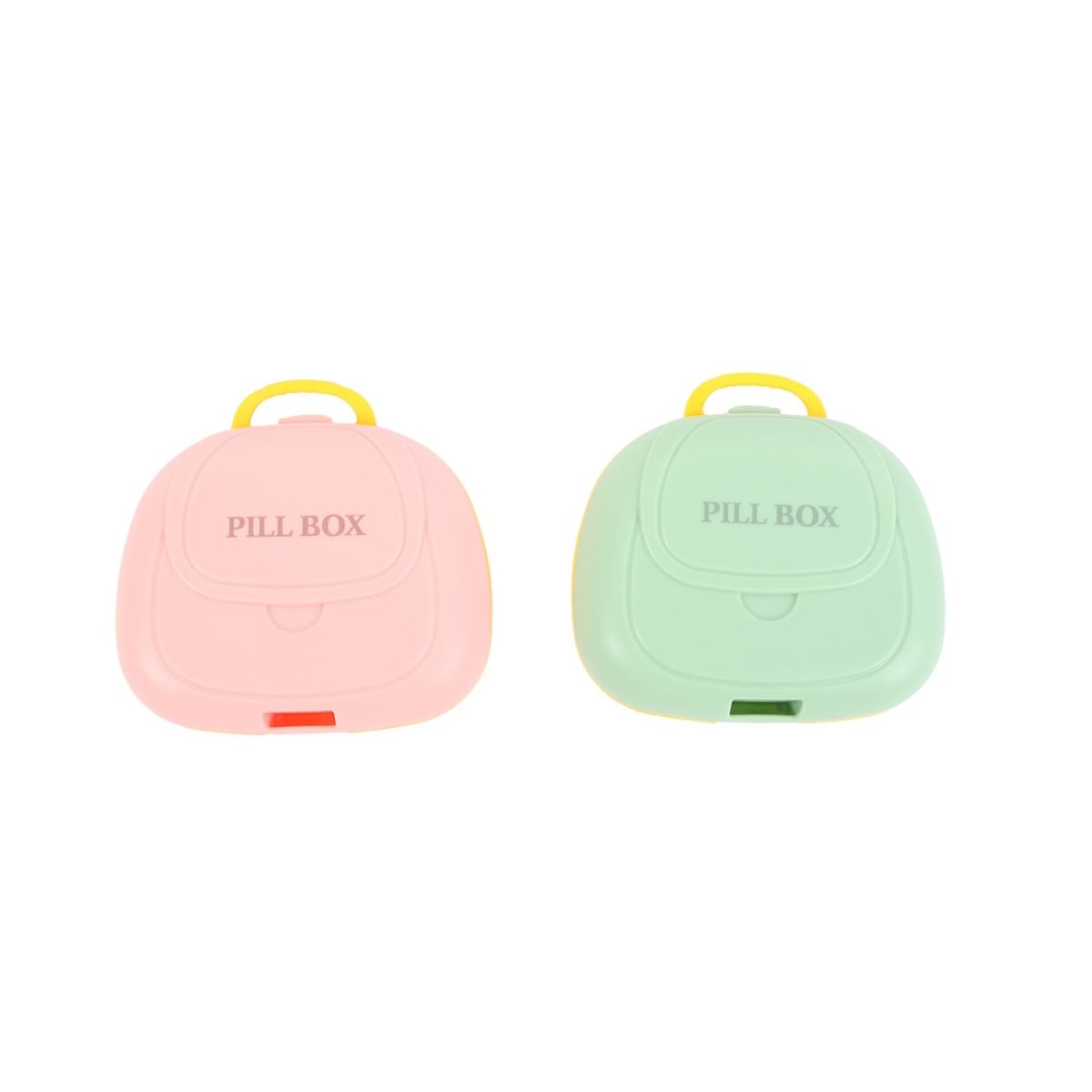 Portable 7-compartment pill boxes, pink and green closed with carry handles