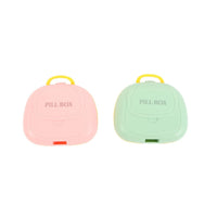 Portable 7-compartment pill boxes, pink and green closed with carry handles