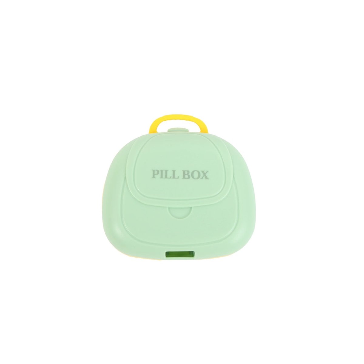 Portable 7-compartment pill box, green closed with carry handle