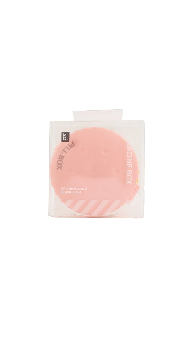 Pink portable pill box, closed with striped label on top and latch