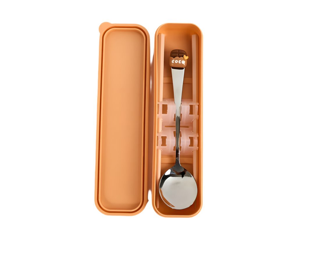 Portable cutlery set with spoon and chopsticks in peach hinged case