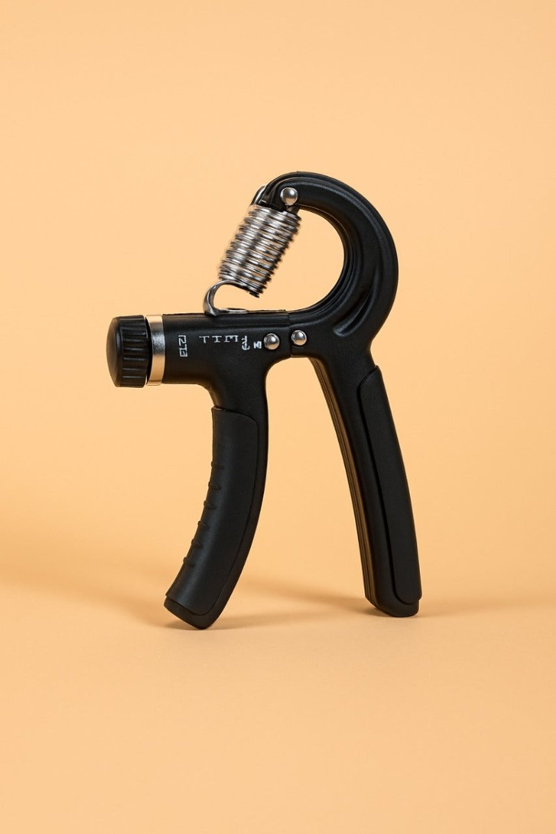 Black hand grip strengthener with adjustable spring and finger trigger handles