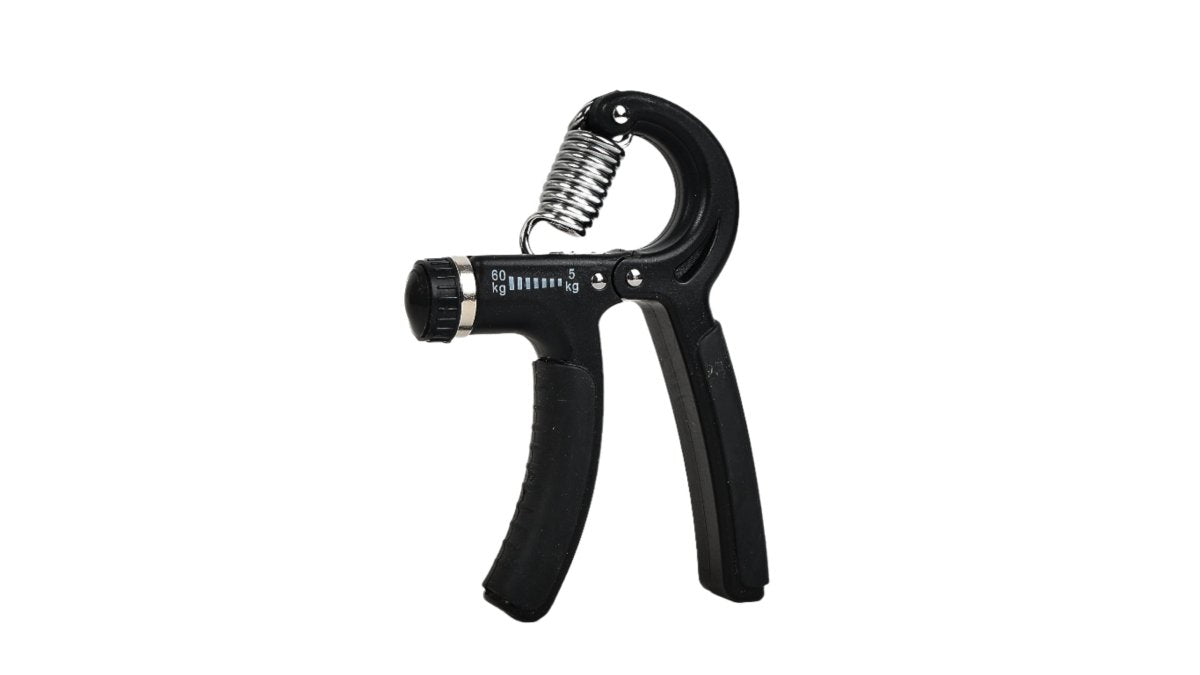 Black portable hand grip strengthener with numbered scale and coil spring