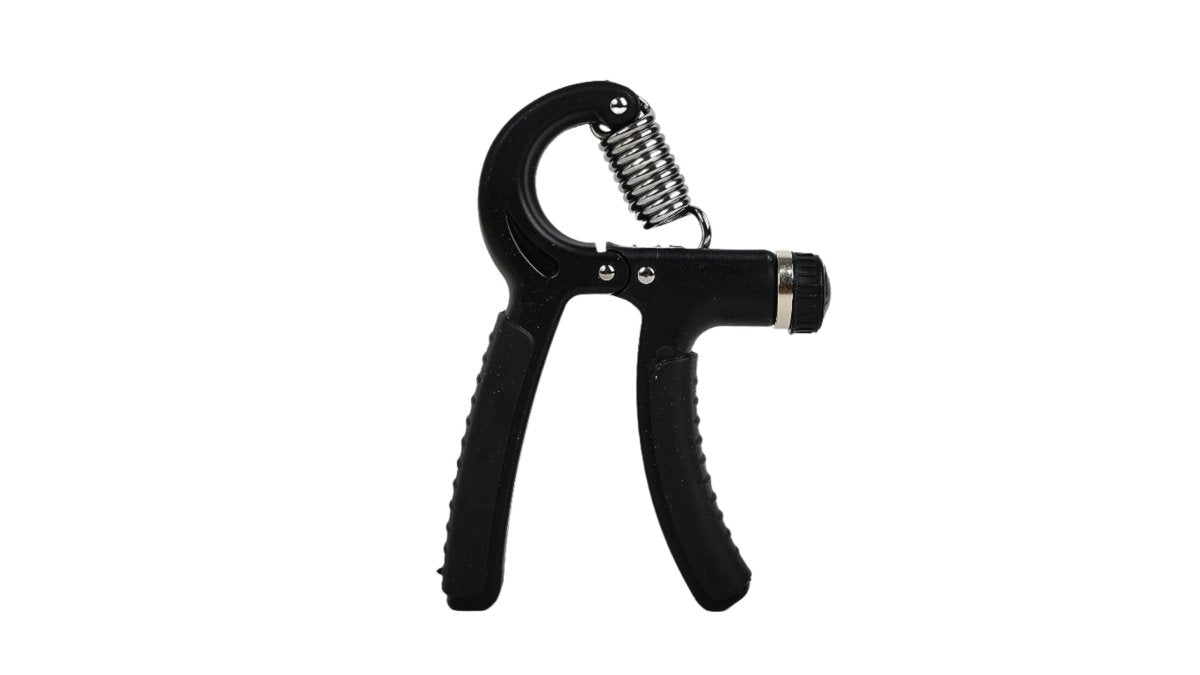 Black hand grip strengthener with curved loop and coil spring above handle