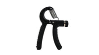 Black hand grip strengthener with curved loop and coil spring above handle