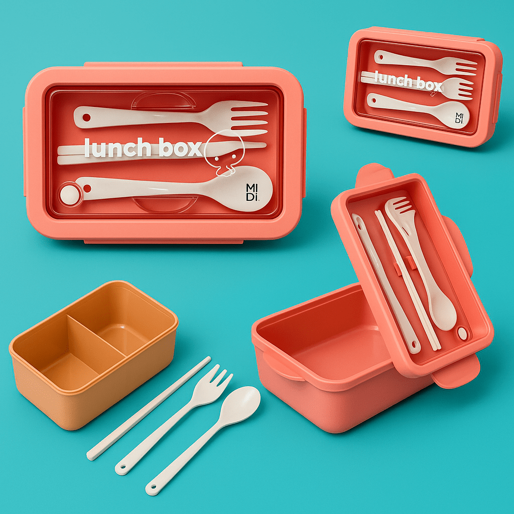 Pink portable lunch box with utensils set inside, lid open