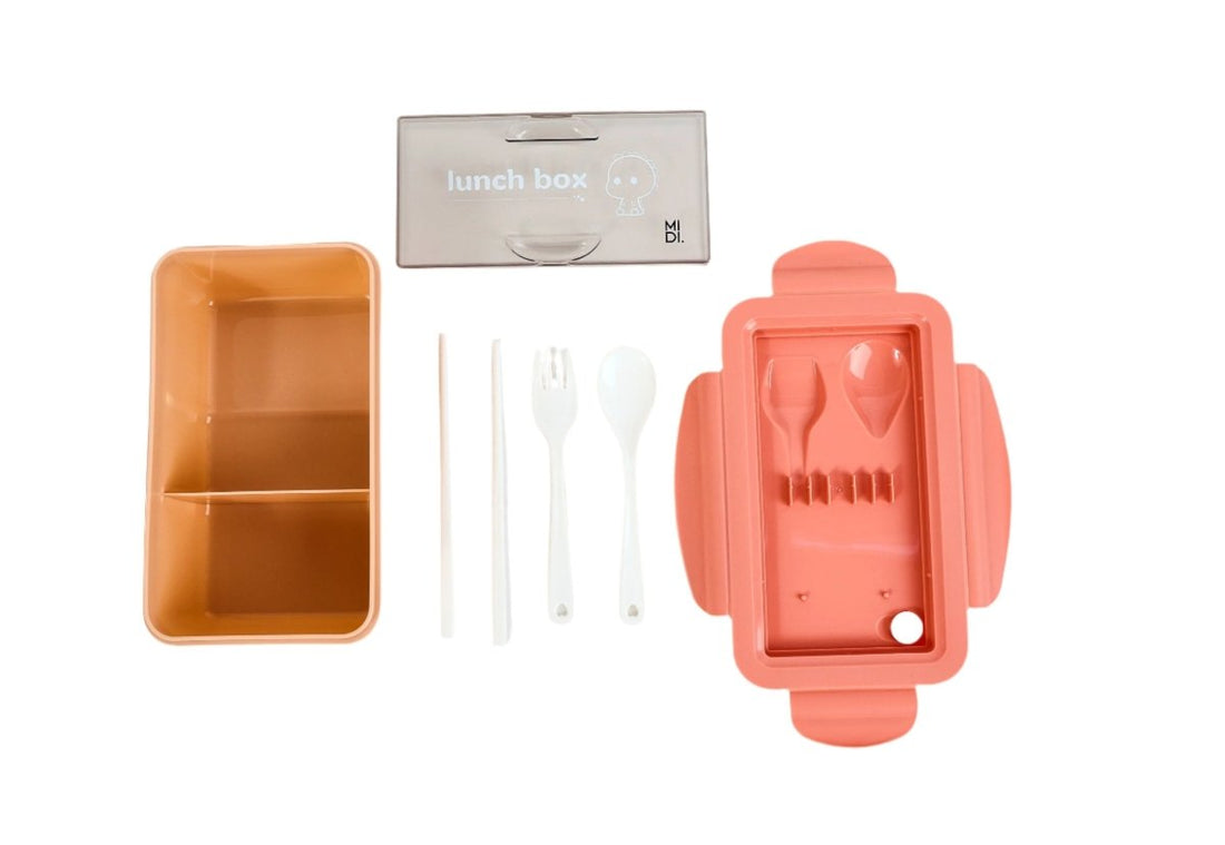 Orange portable lunch box with cutlery pieces and separate compartment open
