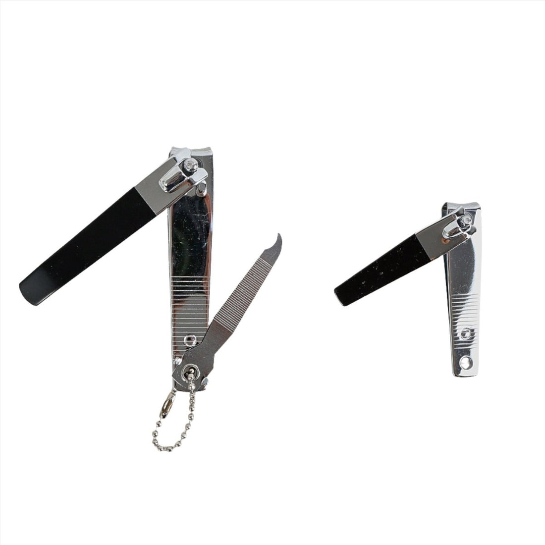 Nail clipper set with black grips, metal cutting blades, and keychain chain detail