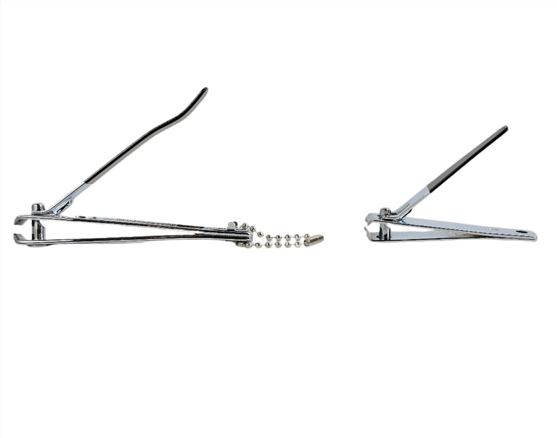 Metal nail clipper with long lever, black grips, and bead chain attachment