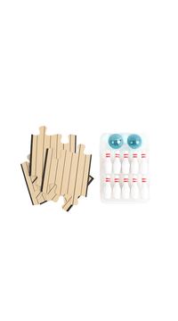 Mini bowling set pieces: wooden lane panels and white pin rack in plastic tray