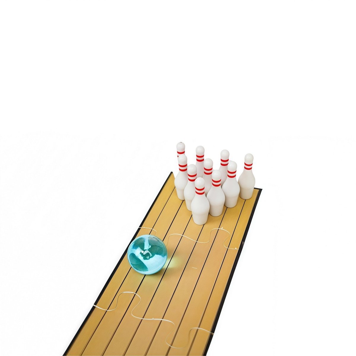 Mini bowling lane with grouped white pins and teal bowling ball on track