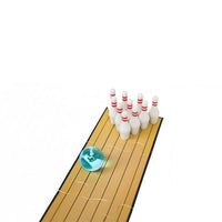 Mini bowling lane with grouped white pins and teal bowling ball on track