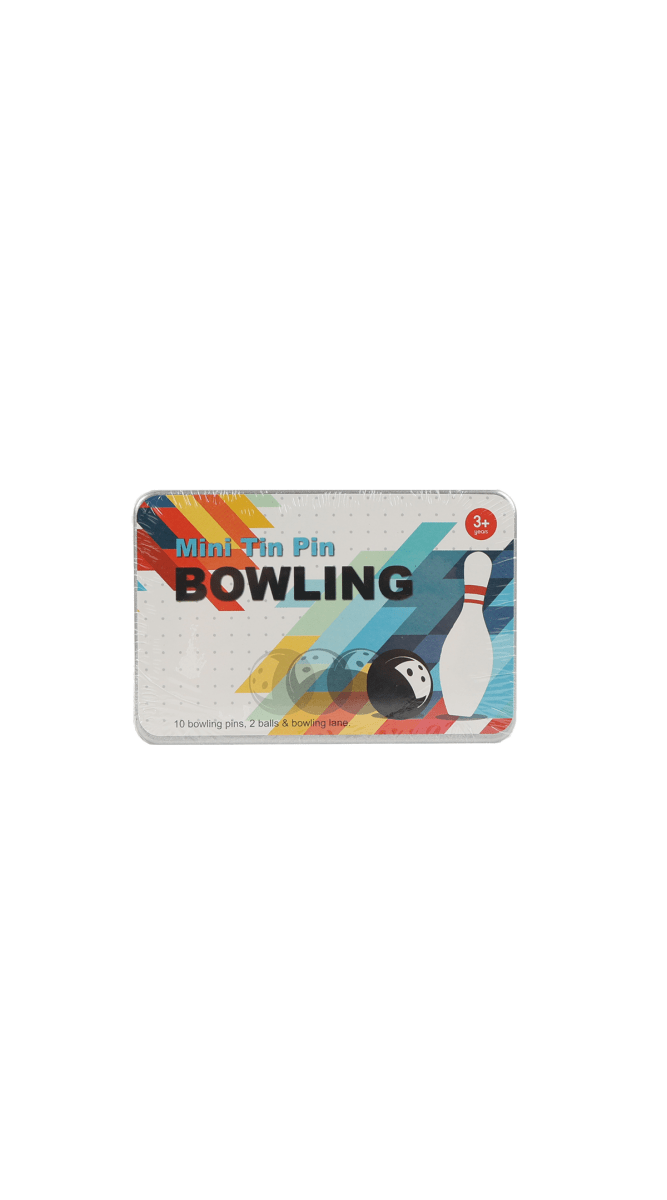 Mini tin pin bowling set retail box with graphic pins and bowling lane