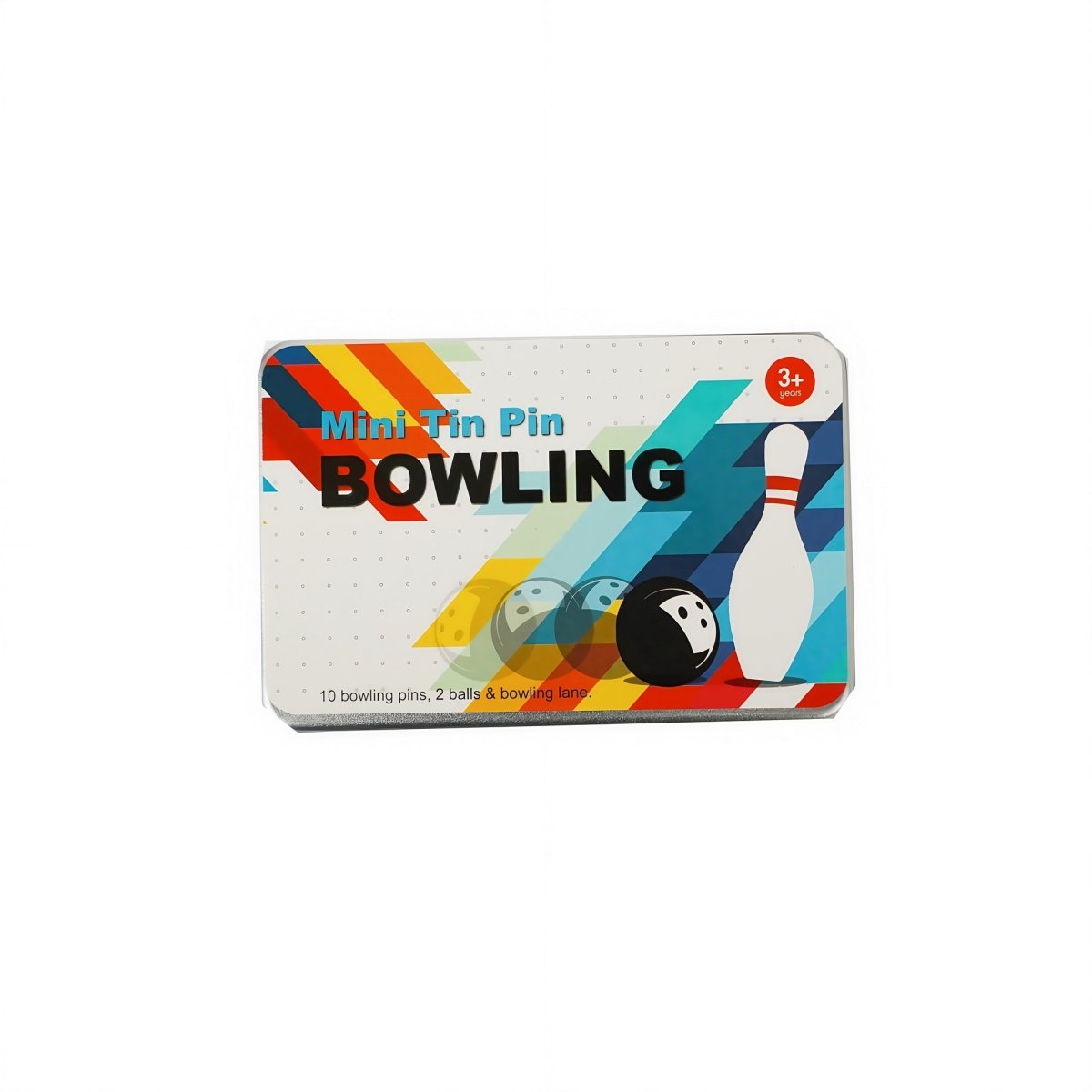 Mini tin pin bowling set retail box featuring pins, ball, and bowling lane graphics