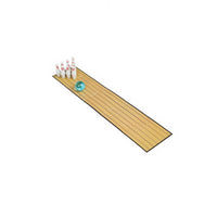 Mini bowling lane with scattered white pins and teal bowling ball on wooden track