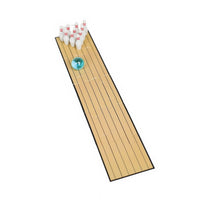 Mini bowling lane with white pins and teal bowling ball on wooden track