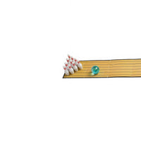 Mini bowling lane end with white pins and teal bowling ball on track