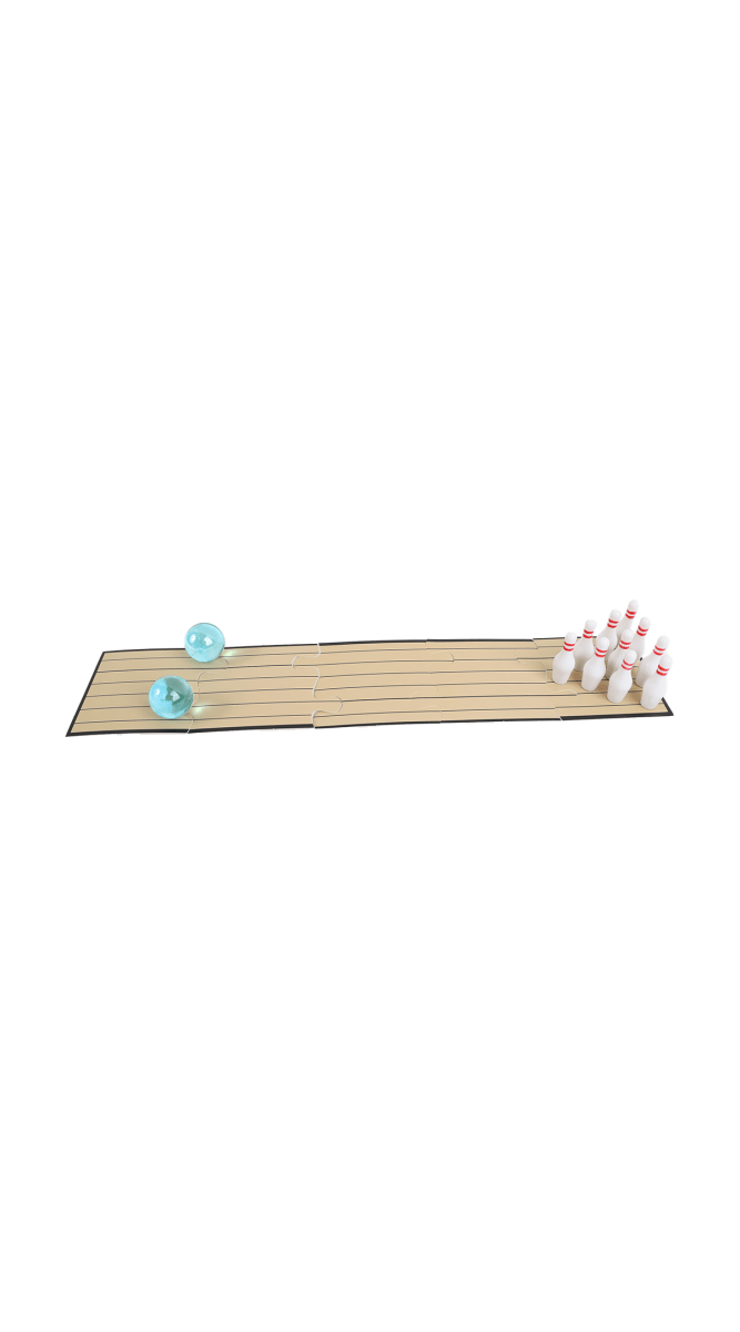 Mini bowling lane with white pins, teal ball, and small lane markers