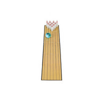 Mini bowling lane with row of white pins and teal bowling ball in front