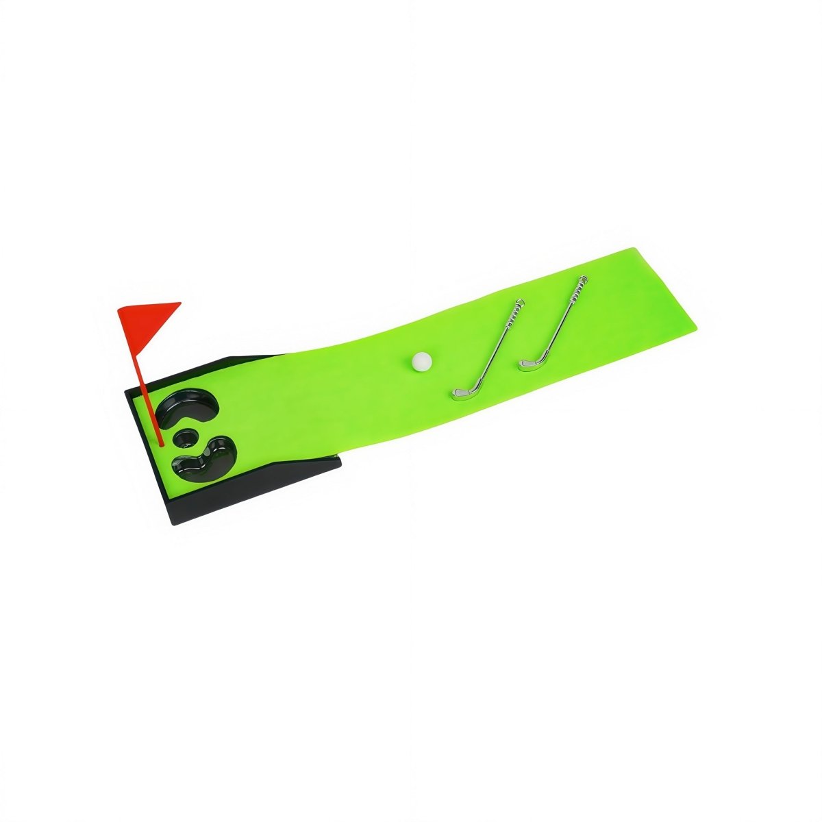 Green mini golf play mat with red flag, white ball, black base and two putters