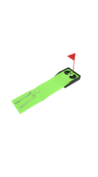 Green mini golf play mat with red flag, black target area, white ball and putter