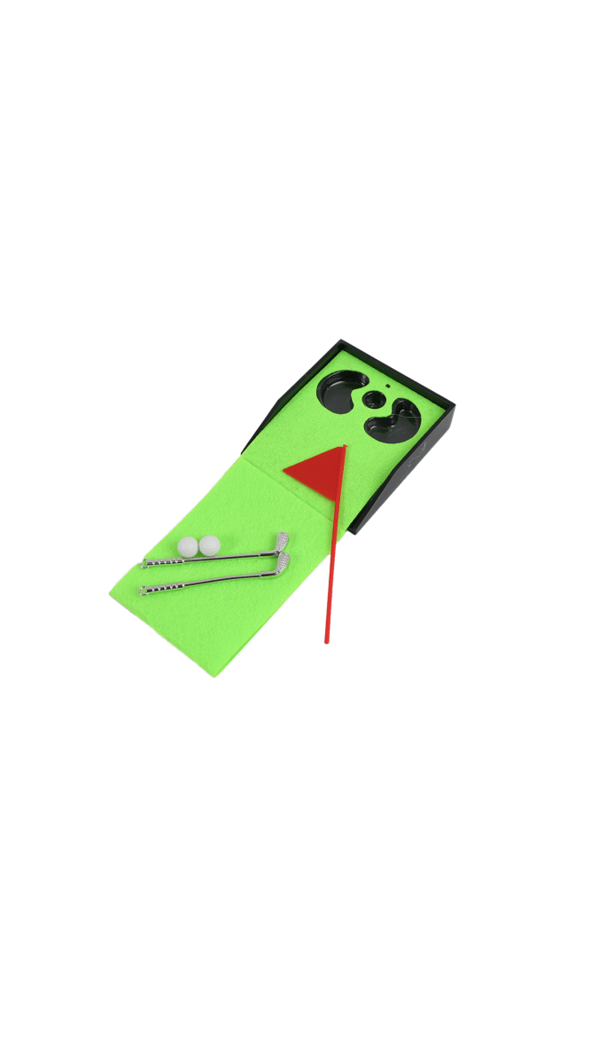 Mini golf hole on green mat with black target, red flag, white ball and putter
