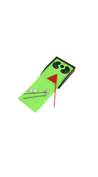 Mini golf hole on green mat with black target, red flag, white ball and putter